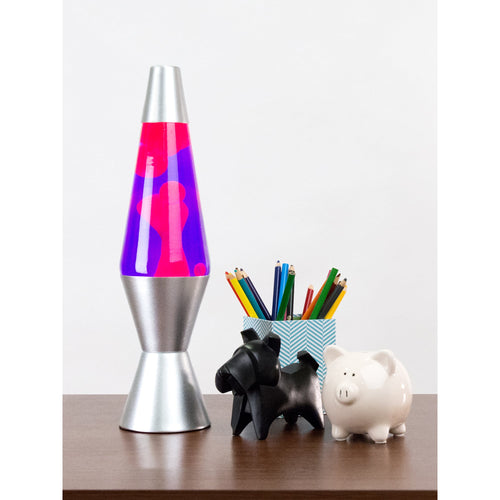 14.5" LAVA� Lamp - Pink/Purple/Silver on table with pencil cup, scotty dog figure, and white piggy bank